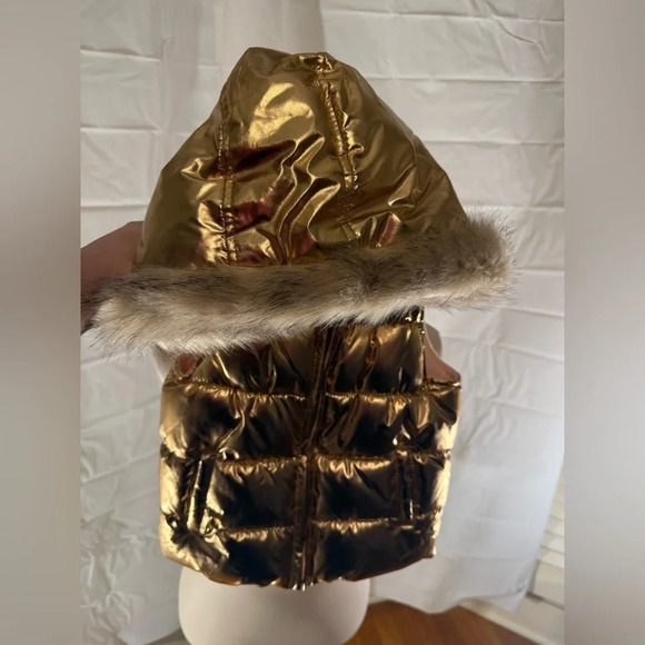 Crazy8 Gold Metallic Puffer Vest with Faux Fur Hood - Picture 2 of 5